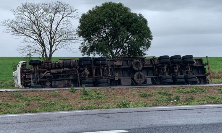 Caminhão tomba na BR-163 entre Cascavel e Toledo