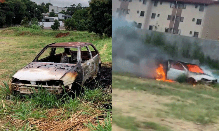 Carro é destruído por fogo em lote baldio na rua Cuiabá em Cascavel