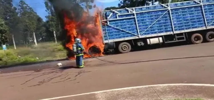 CASCAVEL: Caminhão carregado com frangos pega fogo e parte dos animais são atingidos pelo incêndio.