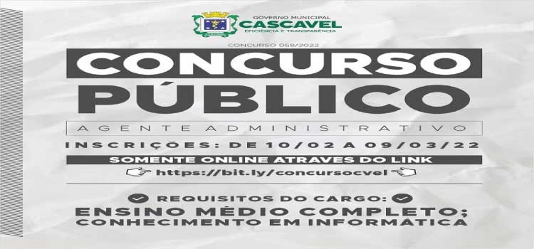 CASCAVEL: Inscrições o para concurso de agente administrativo se encerram no dia 9 de março