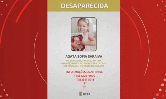 CASCAVEL: Polícia divulga novo cartaz para auxiliar nas buscas por menina de 3 anos que estava com família acolhedora e desapareceu.