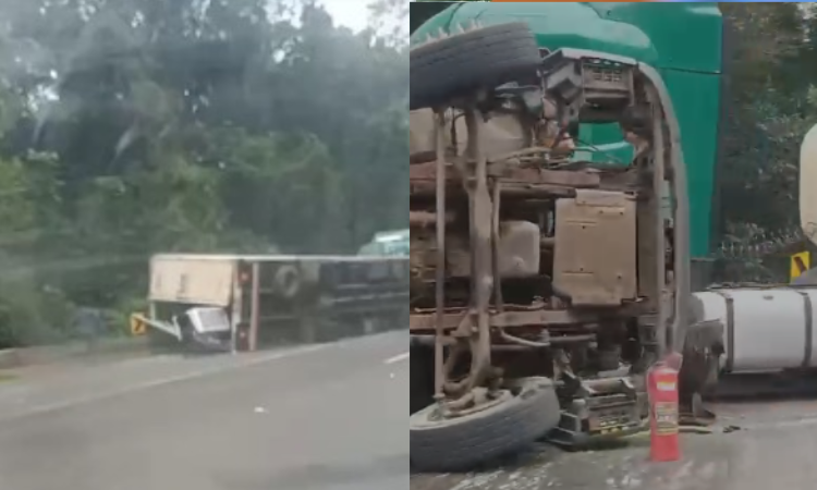 Colisão entre caminhões deixa ferido preso nas ferragens e interdita parcialmente a BR-277 na Serra de Nova Laranjeiras