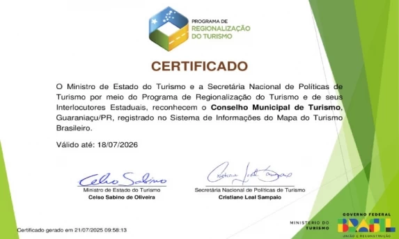 Conselho Municipal de Turismo de Guaraniaçu é reconhecido pelo Ministério do Turismo.