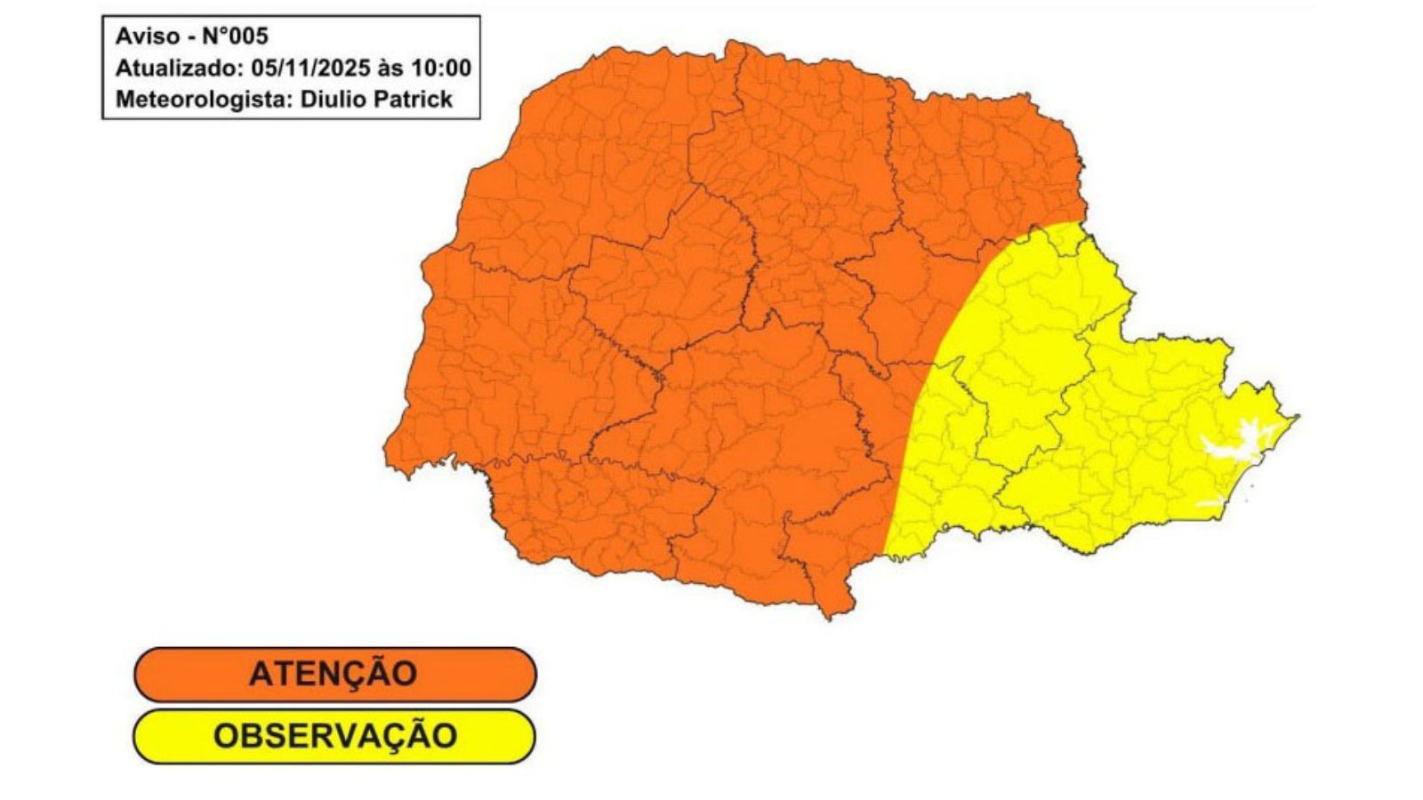 GRANIZO E VENTANIA: SIMEPAR EMITE ALERTA DE TEMPORAIS INTENSOS PARA GRANDE PARTE DO PARANÁ NESTA SEXTA-FEIRA
