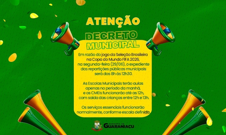Guaraniaçu decreta ponto facultativo na segunda-feira devido ao jogo da Seleção Brasileira na Copa do Mundo