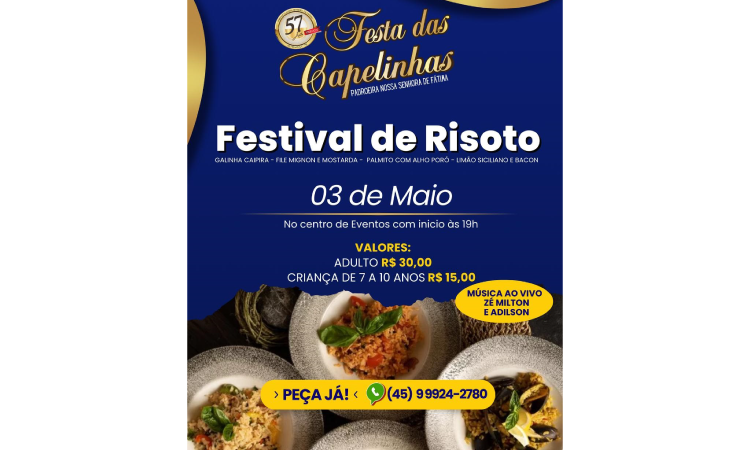 GUARANIAÇU: Festival de Risoto abre a programação gastronômica da 57ª Festa das Capelinhas neste Sábado (03).