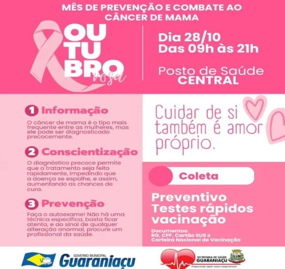 GUARANIAÇU: Secretaria de Saúde promove campanha Outubro Rosa neste sábado.