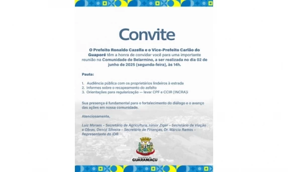 Prefeitura de Guaraniaçu convoca moradores para importante reunião na Comunidade de Belarmino