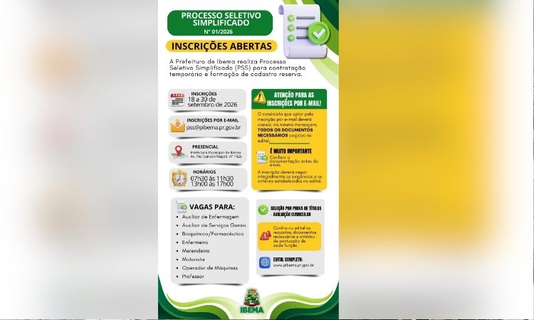 Prefeitura de Ibema abre Processo Seletivo Simplificado para diversas cargos