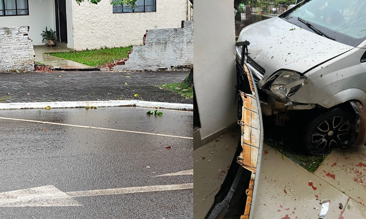 QUEDAS DO IGUAÇU: Veículo passa sobre o canteiro da avenida pinheirais e bate em muro de residência.