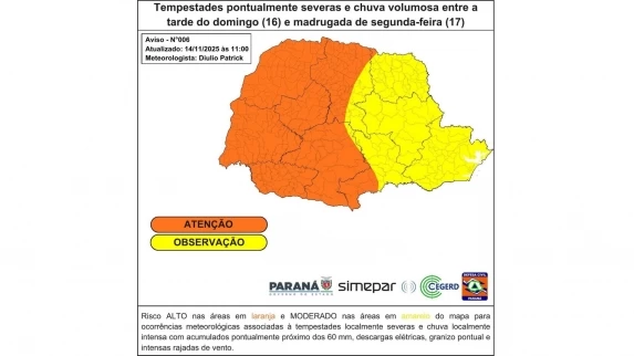 TEMPESTADES À VISTA: FRENTE FRIA TRAZ CHUVAS SEVERAS AO PARANÁ NESTE DOMINGO (16), MAS COM MENOS INTENSIDADE QUE O CICLONE ANTERIOR