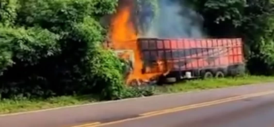 TRÂNSITO: Caminhão pega fogo às margens da PR 180 em Boa Vista da Aparecida.